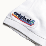 Formula 1 fans: This is a detail shot of a white polo sleeve embroidered with multicolor Original4 logo.