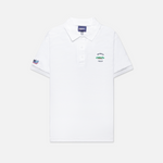 Formula 1 fans: This is a white polo shirt front embroidered with navy Monza name, green vintage Grand Prix car plus navy 1922.