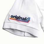 Formula 1 fans: This is a detail shot of a white polo sleeve embroidered with multicolor Original4 logo.