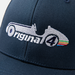 Formula 1 fans: This is a details shot of a navy baseball cap front with an embroidered white Grand Prix vintage race car Orginal4 logo.