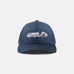 Formula 1 fans: This is a navy baseball cap front with an embroidered white Grand Prix vintage race car Orginal4 logo.