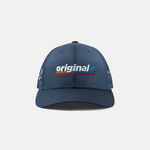 Formula 1 fans: This is a navy baseball cap front with embroidered multicolor Original4 logo.