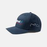 Formula 1 fans: This is a navy baseball cap with embroidered mulitcolor Original4 logo on front, white Monte Carlo and Silverstone tracks on left side.