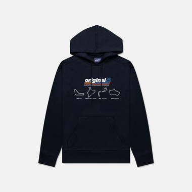 Formula 1 fans: This is a navy hoodie front with multicolor Orginal4 logo and the original four Grand Prix tracks with name and year of each inaugural grand prix race.