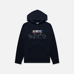 Formula 1 fans: This is a navy hoodie front with multicolor Orginal4 logo and the original four Grand Prix tracks with name and year of each inaugural grand prix race.