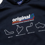 Formula 1 fans: This is a detail shot of a navy hoodie front with multicolor Orginal4 logo and the original four Grand Prix tracks with name and year of each inaugural grand prix race.