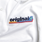 Formula 1 fans: This is a detail shot of a white polo shirt front embroidered with multicolor Original4 logo.