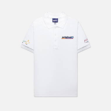 Formula 1 fans: This is a white polo shirt front embroidered with multicolor Original4 logo.