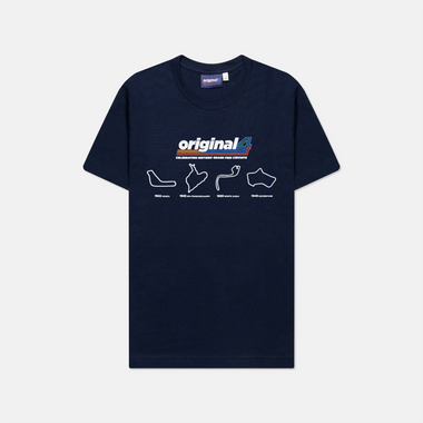 Formula 1 fans: This is a navy t-shirt front with multi color Orginal4 logo and 4 vintage race cars with name and year of each inaugural grand prix race.