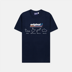 Formula 1 fans: This is a navy t-shirt front with multi color Orginal4 logo and 4 vintage race cars with name and year of each inaugural grand prix race.