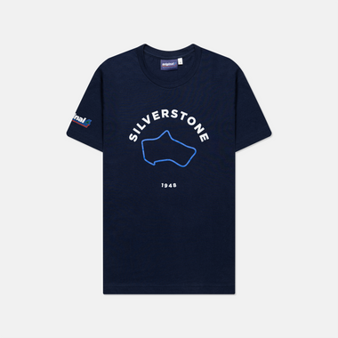 Formula 1 fans: This is a navy t-shirt front with blue Silverstone Grand Prix track and white Silverstone name plus white 1948.