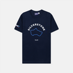 Formula 1 fans: This is a navy t-shirt front with blue Silverstone Grand Prix track and white Silverstone name plus white 1948.