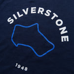 Formula 1 fans: This is a detail shot of a navy t-shirt front with blue Silverstone Grand Prix track and white Silverstone name plus white 1948.