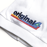 Formula 1 fans: This is a detail shot of a white polo sleeve embroidered with multicolor Original4 logo.