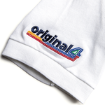 Formula 1 fans: This is a detail shot of a white polo sleeve embroidered with multicolor Original4 logo.