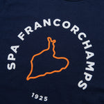 Formula 1 fans: This is a detail shot of a navy t-shirt front with orange Spa-Francorchamps Grand Prix track and white Spa-Francorchamps name plus white 1925.