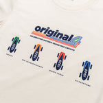 Formula 1 fans: This is the Away We Go cream colored t shirt front with multi color Orginal4 logo and 4 vintage race cars with name and year of each inaugural grand prix race.