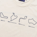 Formula 1 fans: This is a detail shot of the Simply Circuits cream t-shirt front with the original four Grand Prix tracks plus the name and year of each inaugural Grand Prix race. 