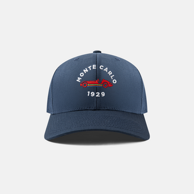 Formula 1 fans: This is a navy baseball cap front embroidered with red vintage Grand Prix car and white Monte Carlo name plus white 1929.