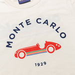 Formula 1 fans: This is a detail shot of the P1 cream colored t shirt front with red vintage Grand Prix car and navy Monte Carlo name plus navy 1929.