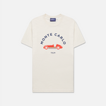 Formula 1 fans: This is the P1 cream colored t shirt front with red vintage Grand Prix car and navy Monte Carlo name plus navy 1929.