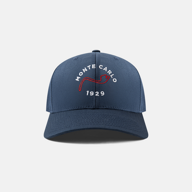 Formula 1 fans: This is a navy baseball cap front embroidered with red Monte Carlo Grand Prix track and white  Monte Carlo name plus white 1929.