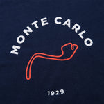 Formula 1 fans: This is a detail shot of a navy t shirt front with red Monte Carlo Grand Prix circuit, white Monte Carlo name plus white 1929.e Carlo name, white 1929