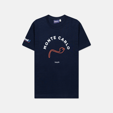 Formula 1 fans: This is a navy t shirt front with red Monte Carlo Grand Prix circuit, white Monte Carlo name plus white 1929.