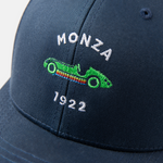 Formula 1 fans: This is a detail shot of a navy baseball cap front embroidered with a green vintage race car, white Monza name plus white 1922.