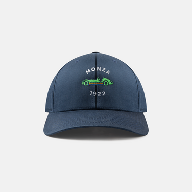 Formula 1 fans: This is a navy baseball cap front embroidered with a green vintage race car, white Monza name plus white 1922.