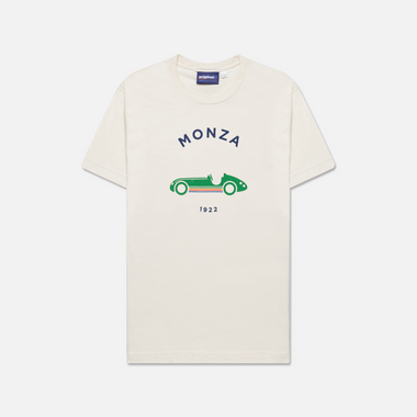 Formula 1 fans: This is the P1 cream colored t shirt front with green vintage Grand Prix car and navy Monza name plus navy 1922.