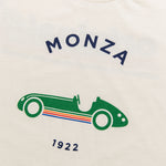 Formula 1 fans: This is a detail shot of the P1 cream colored t shirt front with green vintage Grand Prix car and navy Monza name plus navy 1922.