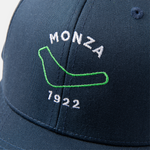 Formula 1 fans: This is a detail shot of a navy baseball cap front embroidered with a green Monza circuit, white Monza name plus white 1922.