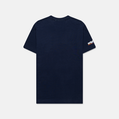 Formula 1 fans: This is the back of a navy t-shirt with multi color Original4 logo on right sleeve.