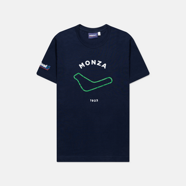 Formula 1 fans: This is a navy t-shirt front with green Monza Grand Prix track and white Monza name plus white 1922.