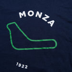 Formula 1 fans: This is a detail shot of a navy t-shirt front with green Monza Grand Prix track and white Monza name plus white 1922.