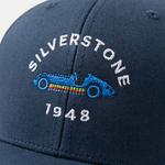 Formula 1 fans: This is a detail shot of a navy baseball cap front embroidered with blue vintage Grand Prix car and white Silverstone name plus white 1948.