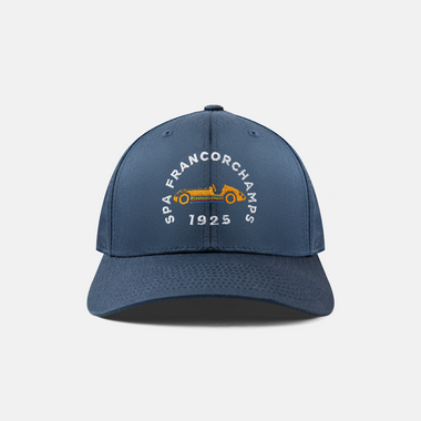 Formula 1 fans: This is a navy baseball cap front embroidered with orange vintage Grand Prix race car and white Spa-Francorchamps name plus white 1925.