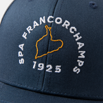 Formula 1 fans: This is a detail shot of a navy baseball cap front with embroidered orange Spa Francorchamps circuit, white Spa Francorchamps name plus white 1925.