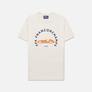 Formula 1 fans: This is a cream P1 t-shirt front with orange vintage Grand Prix race car and navy Spa-Francorchamps name plus navy 1925.